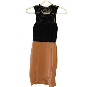 REVAMPED Light Brown Sleeveless Mini Dress with Black Lace Size S